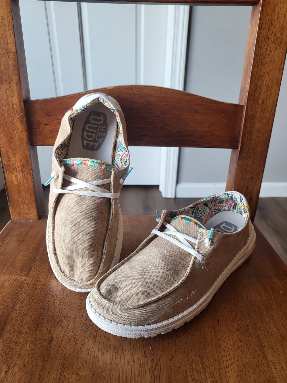 Hey Dude Beige Linen Slip-On Loafers with Colorful Lining
